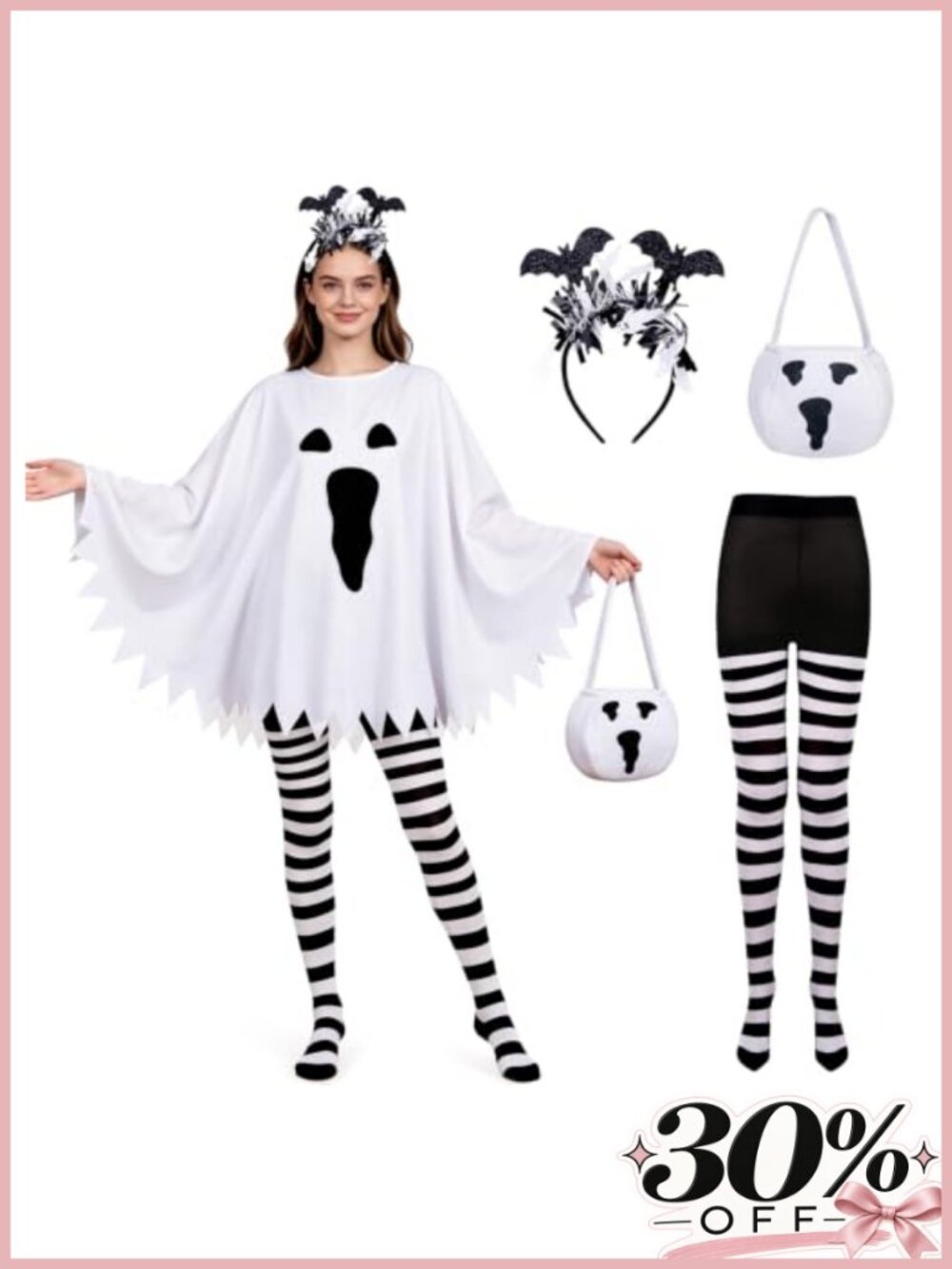 Halloween Ghost Poncho Costume Set Womens Pull-On Polyester 4 Pieces